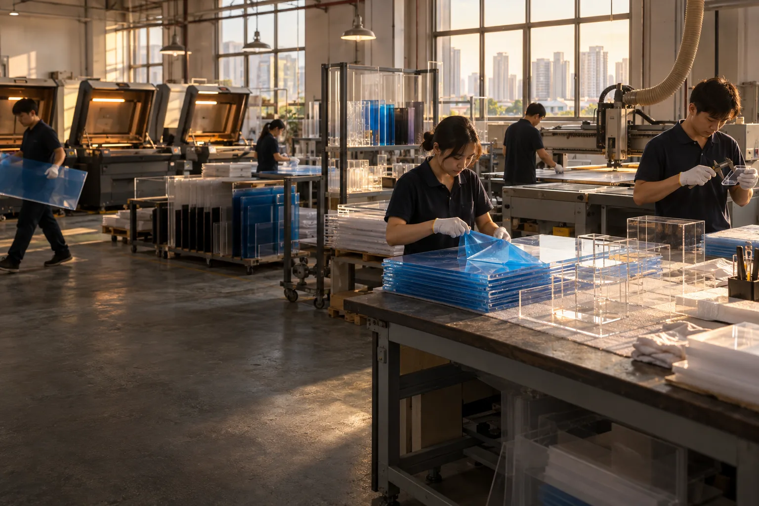 Acrylic production floor with laser cutters, a CNC router and workers checking finished display cases