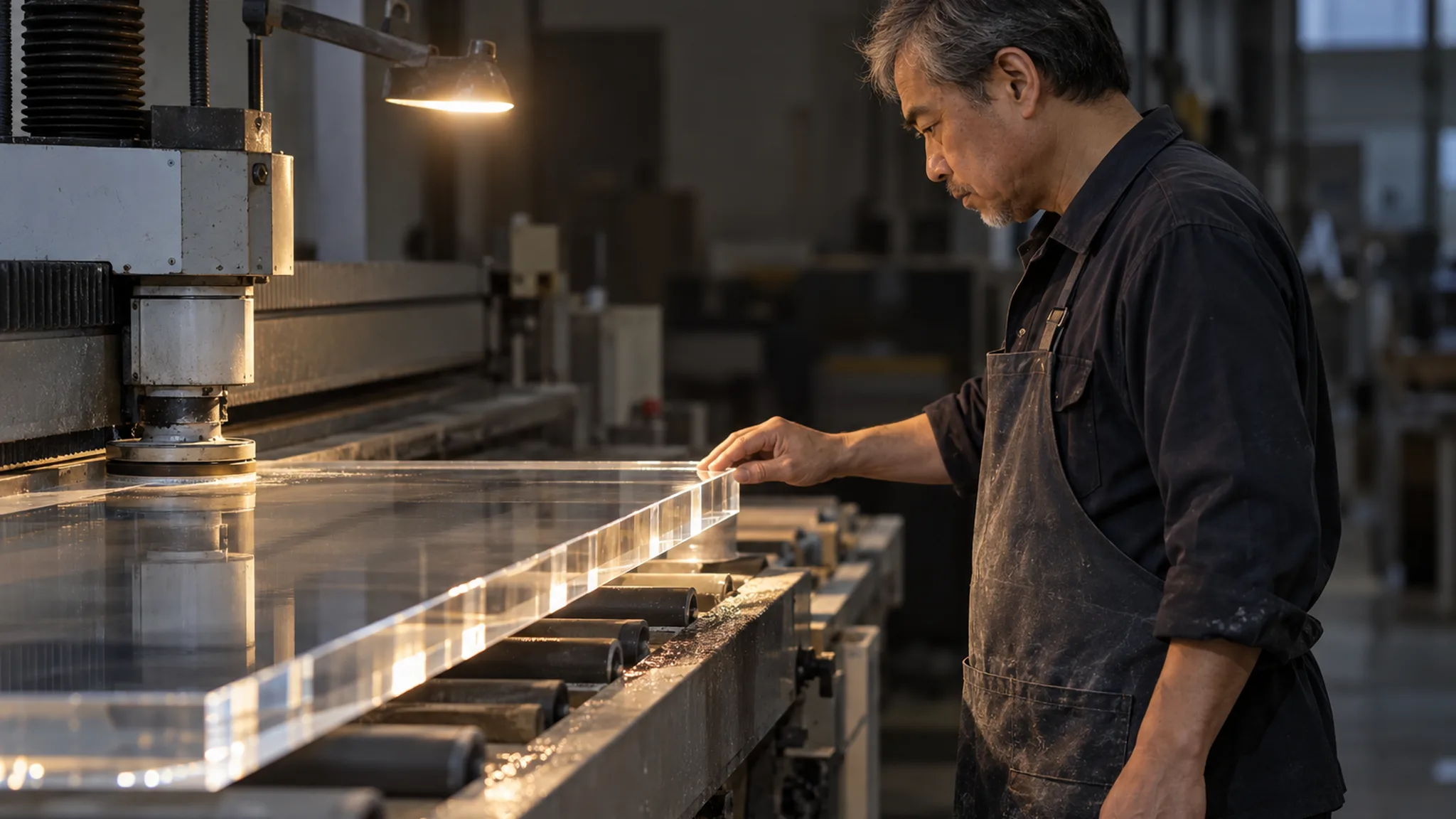 A senior Wetop craftsman checking a diamond-polished acrylic edge by touch at the edge-polishing machine