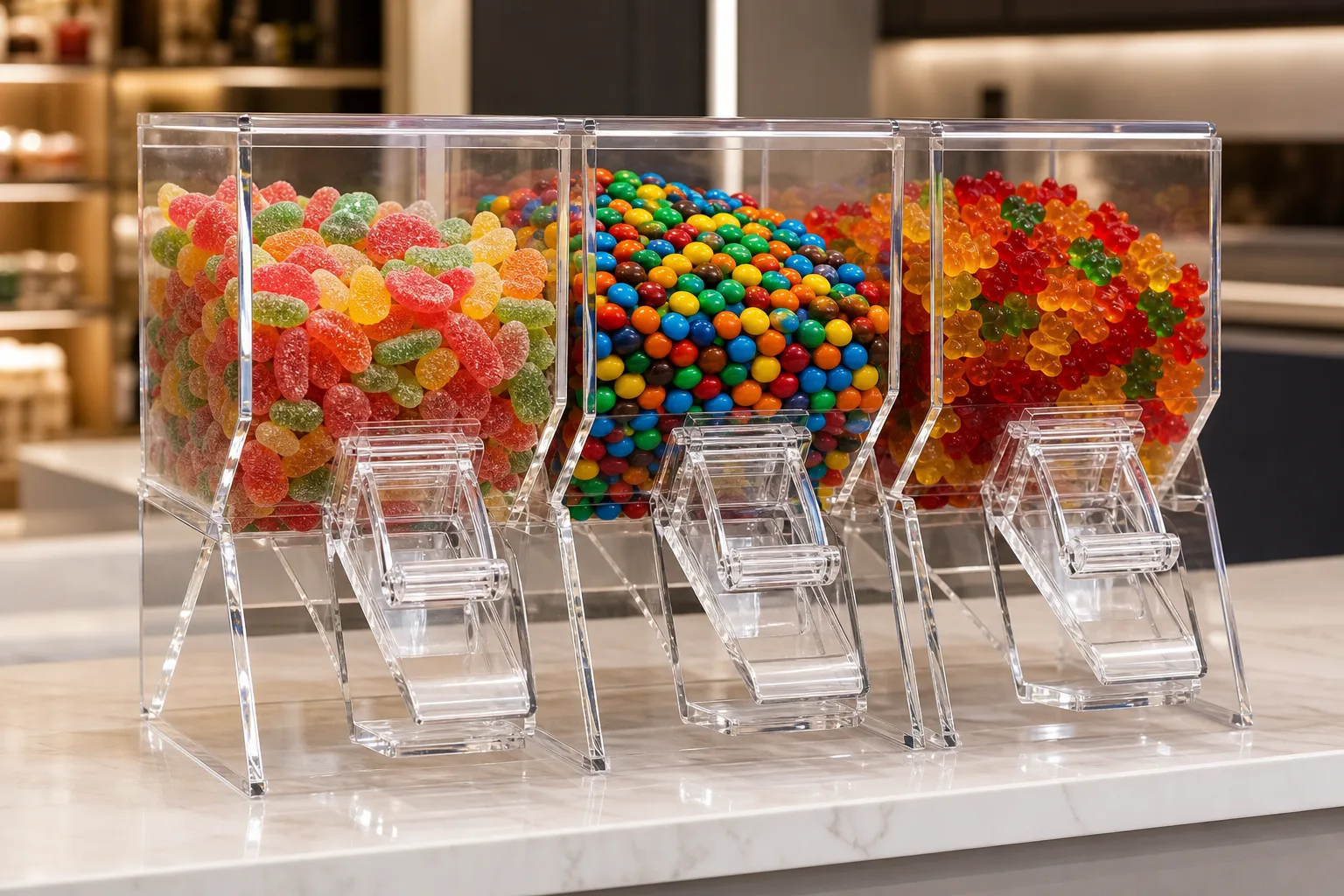 Row of clear acrylic candy dispensers with angled gravity chutes filled with colorful bulk candy on a retail counter, pull-handle portion gates at the front