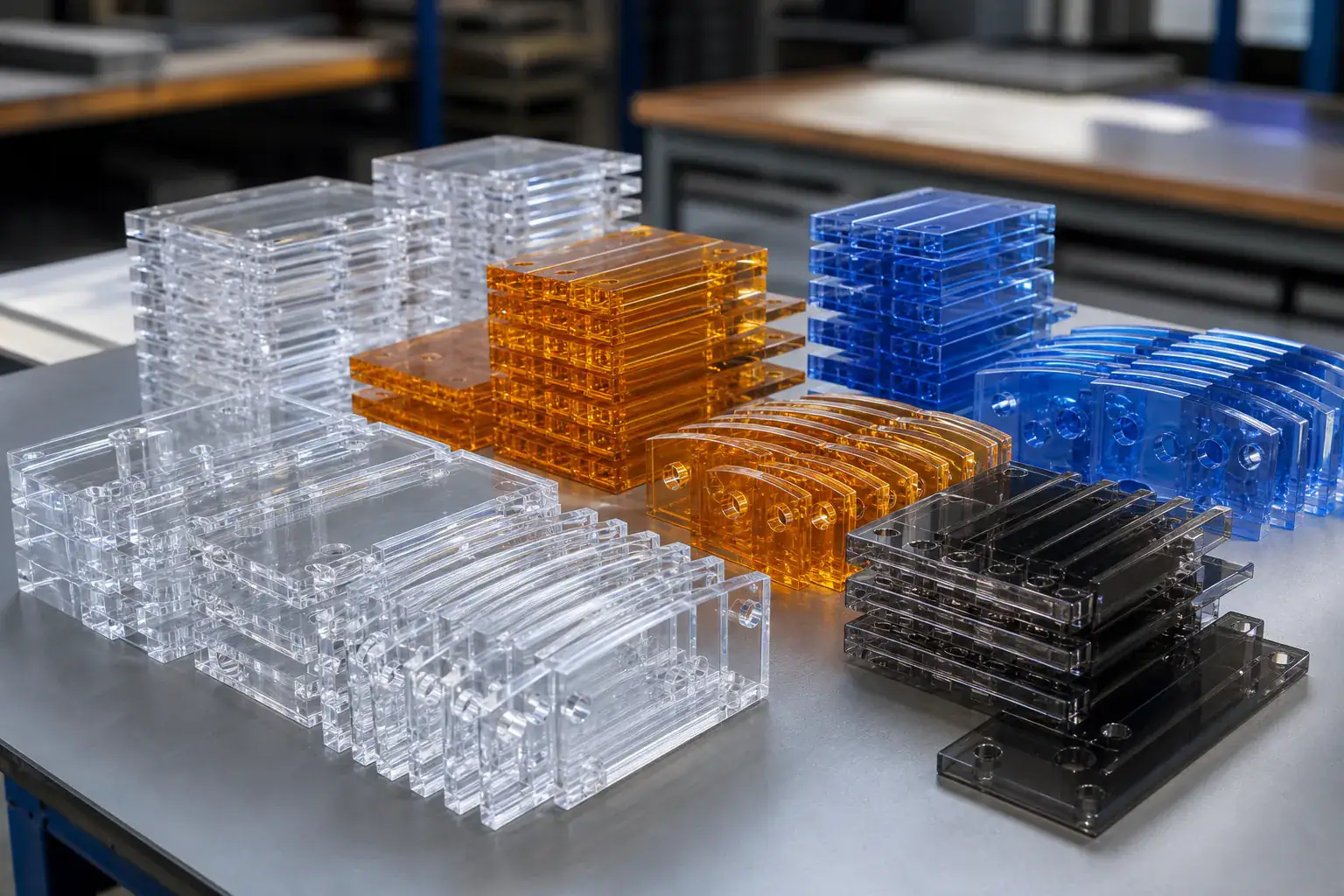 Stacks of identical precision-cut colored acrylic parts batched on a factory production bench, ready for edge finishing and inspection