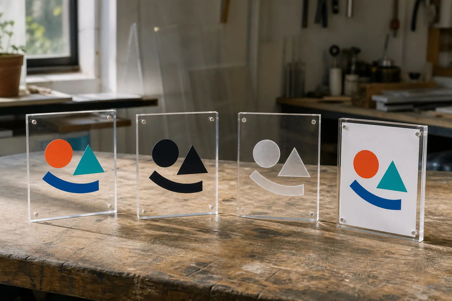 Acrylic display branding methods shown as UV print, screen print, engraving, and replaceable graphic samples