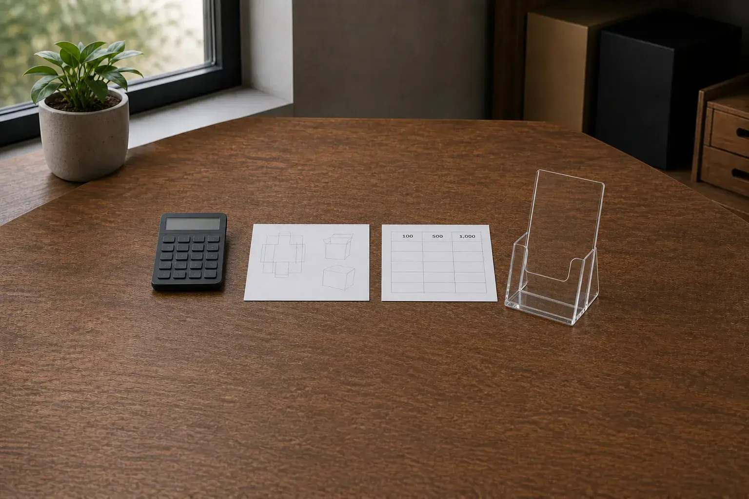 Custom acrylic display stand beside a quote worksheet with 100, 500, and 1000 piece quantity tiers