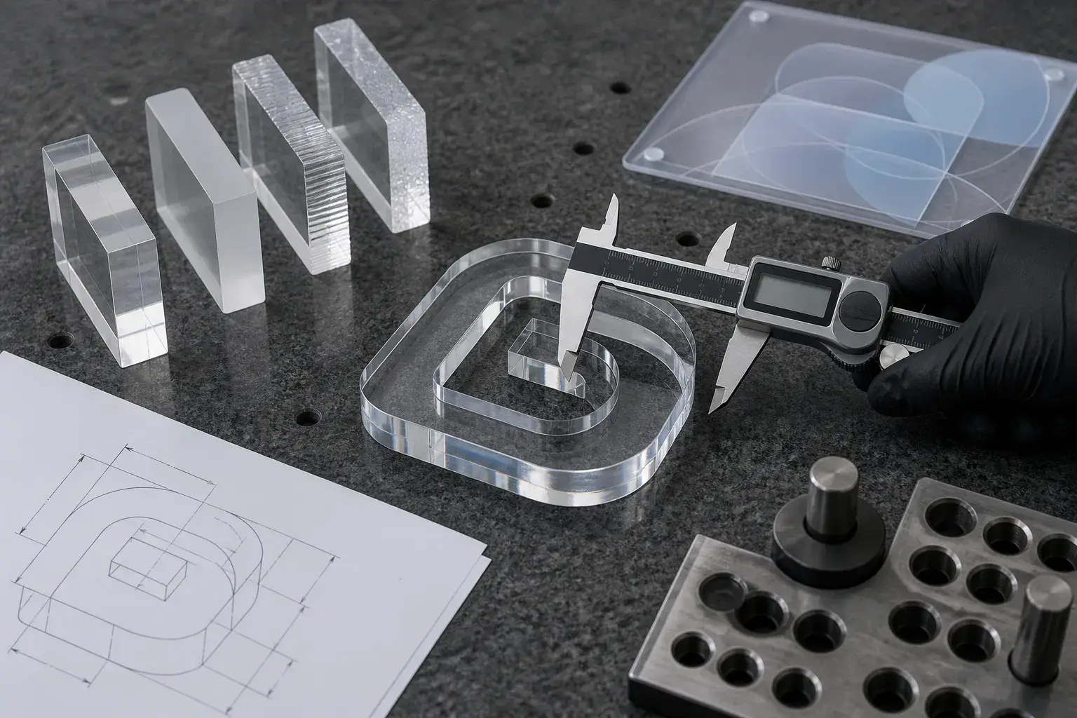 Acrylic logo block size tolerance inspection with calipers, artwork safe area, and polished edge sample