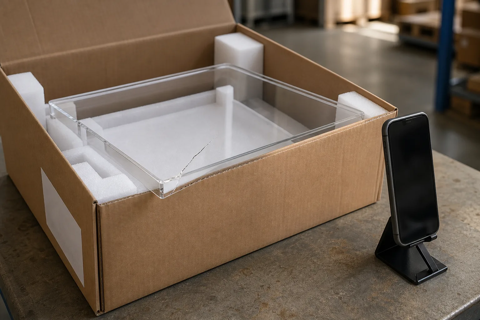 Opened export carton with foam corner blocks and a cracked clear acrylic tray inside, on a warehouse receiving table