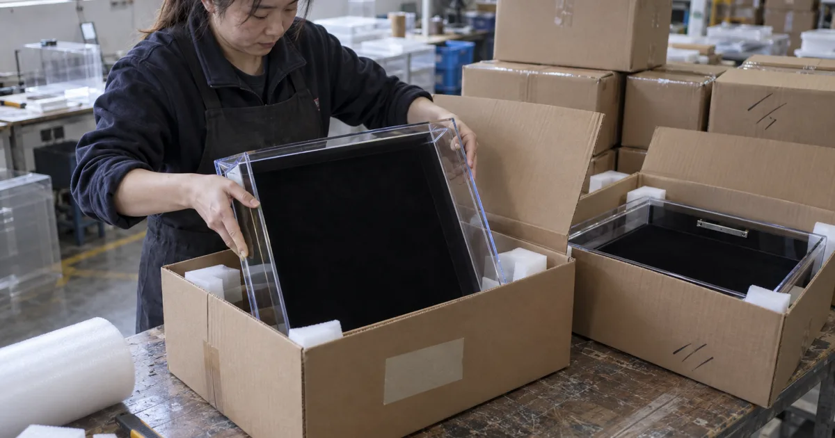 Factory operator packing an empty velvet-backed clear acrylic shadow box frame into a foam-cornered shipping carton beside stacked master cartons