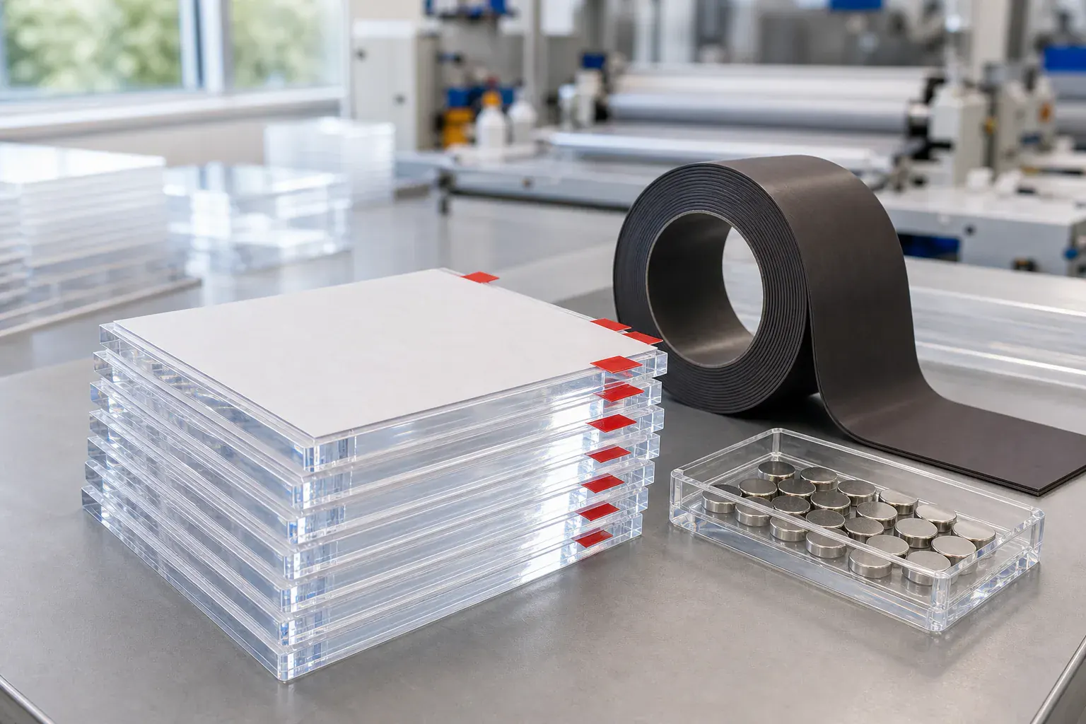 Clear adhesive backed acrylic squares with red-tab release liners stacked on a factory bench beside a roll of flexible magnetic sheet and a tray of neodymium disc magnets