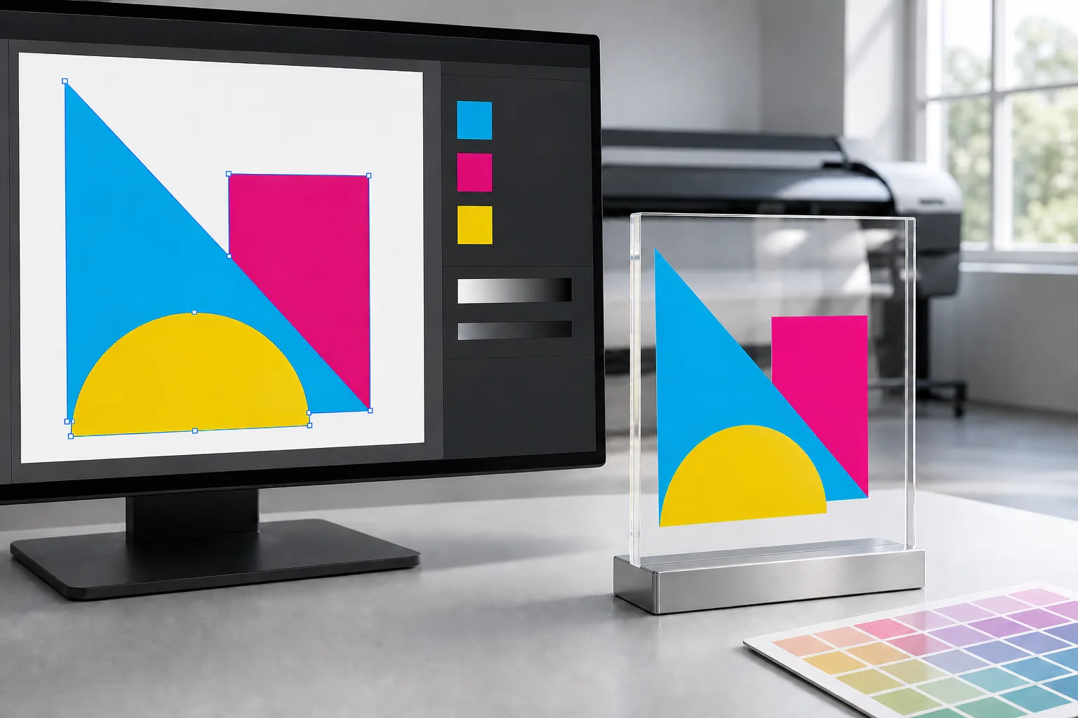 Vector artwork open in design software on a monitor beside a UV-printed acrylic panel and a printed color swatch card