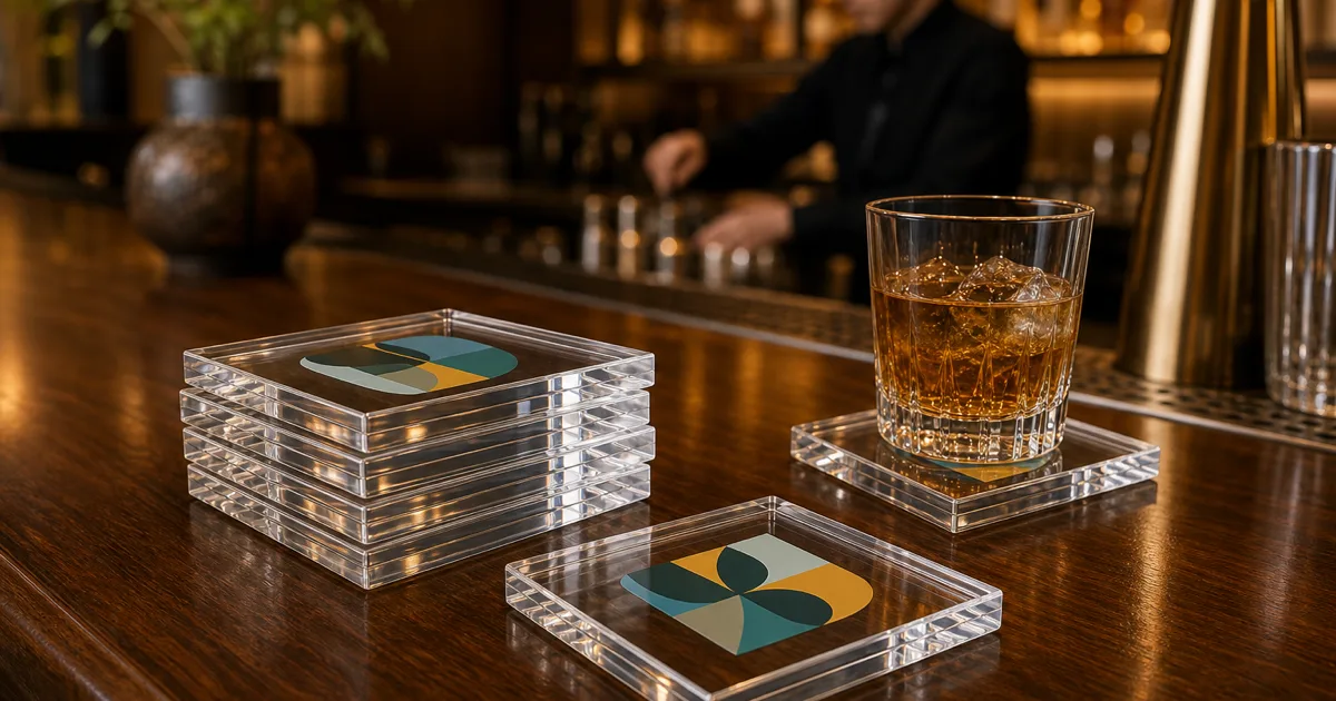 Set of custom acrylic coasters with UV-printed logos stacked on a hotel bar counter, clear cast PMMA squares with polished edges catching warm light