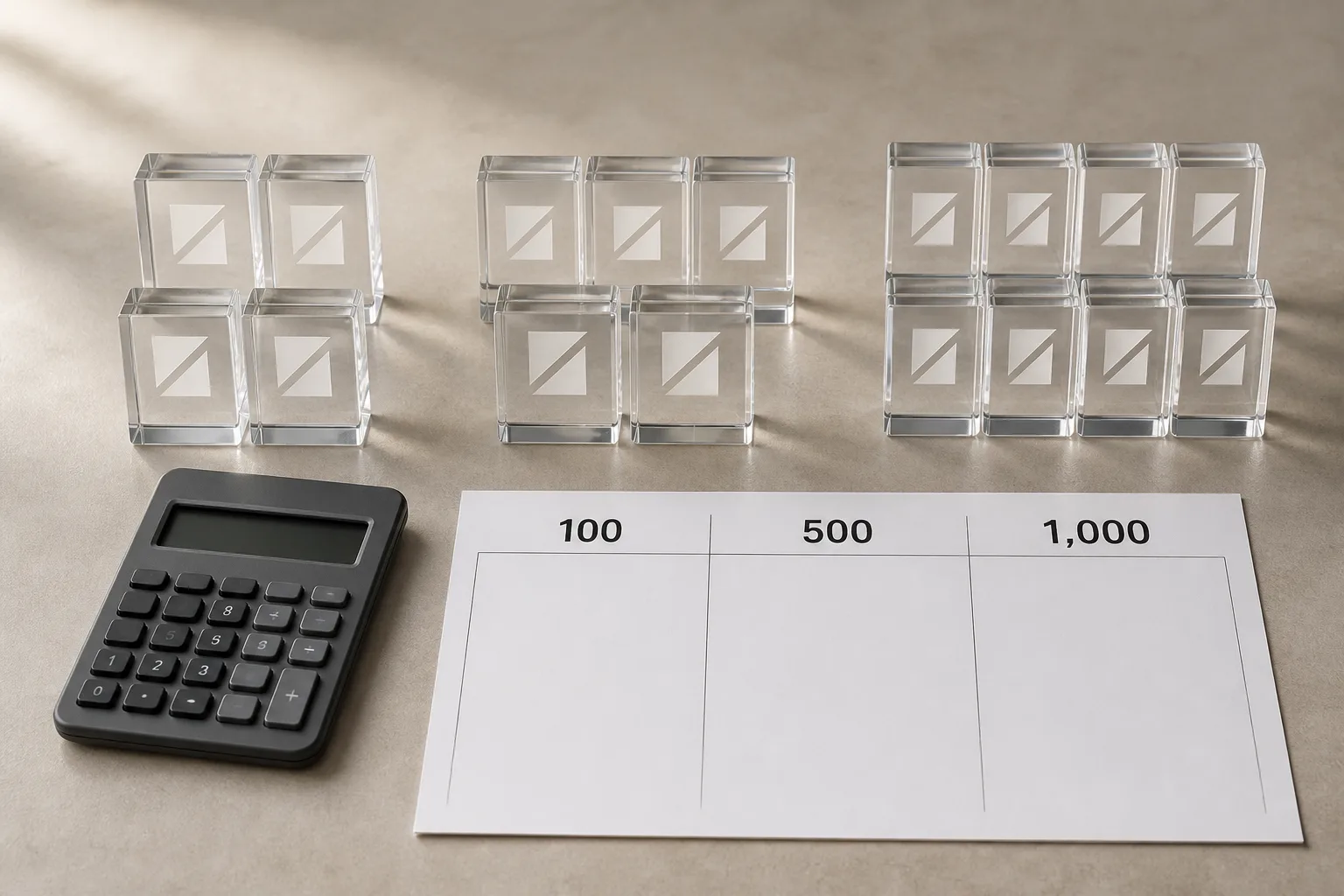 Custom acrylic logo blocks beside a quantity quote worksheet used to compare production tiers