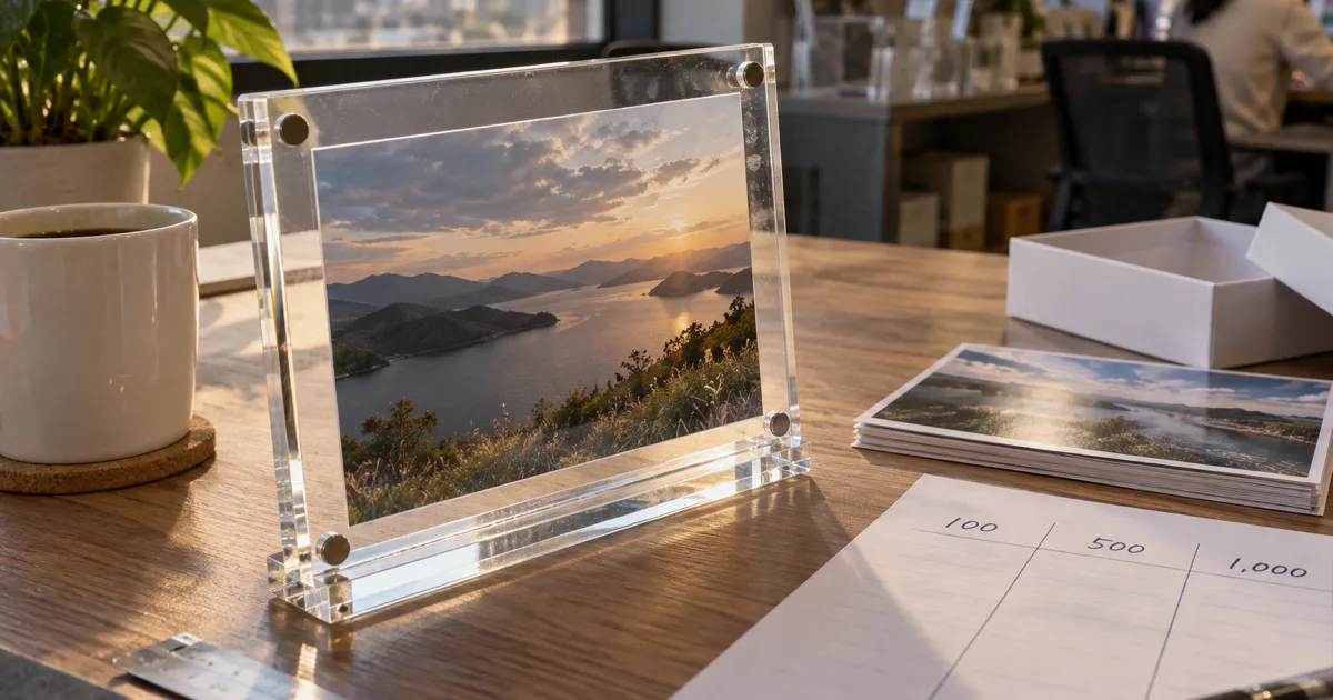 Tabletop acrylic magnetic photo frame with corner magnets beside a quote worksheet showing 100, 500 and 1,000 piece columns