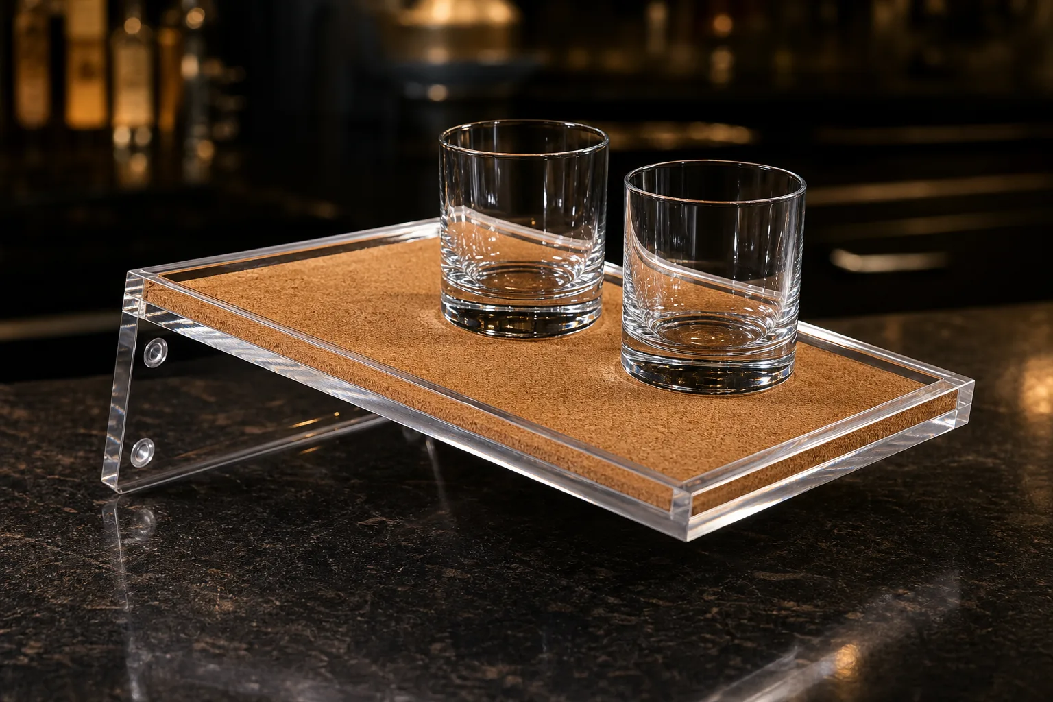 Clear acrylic non slip serving tray flipped at an angle to show recessed silicone feet on the base and a cork mat insert in the tray bed