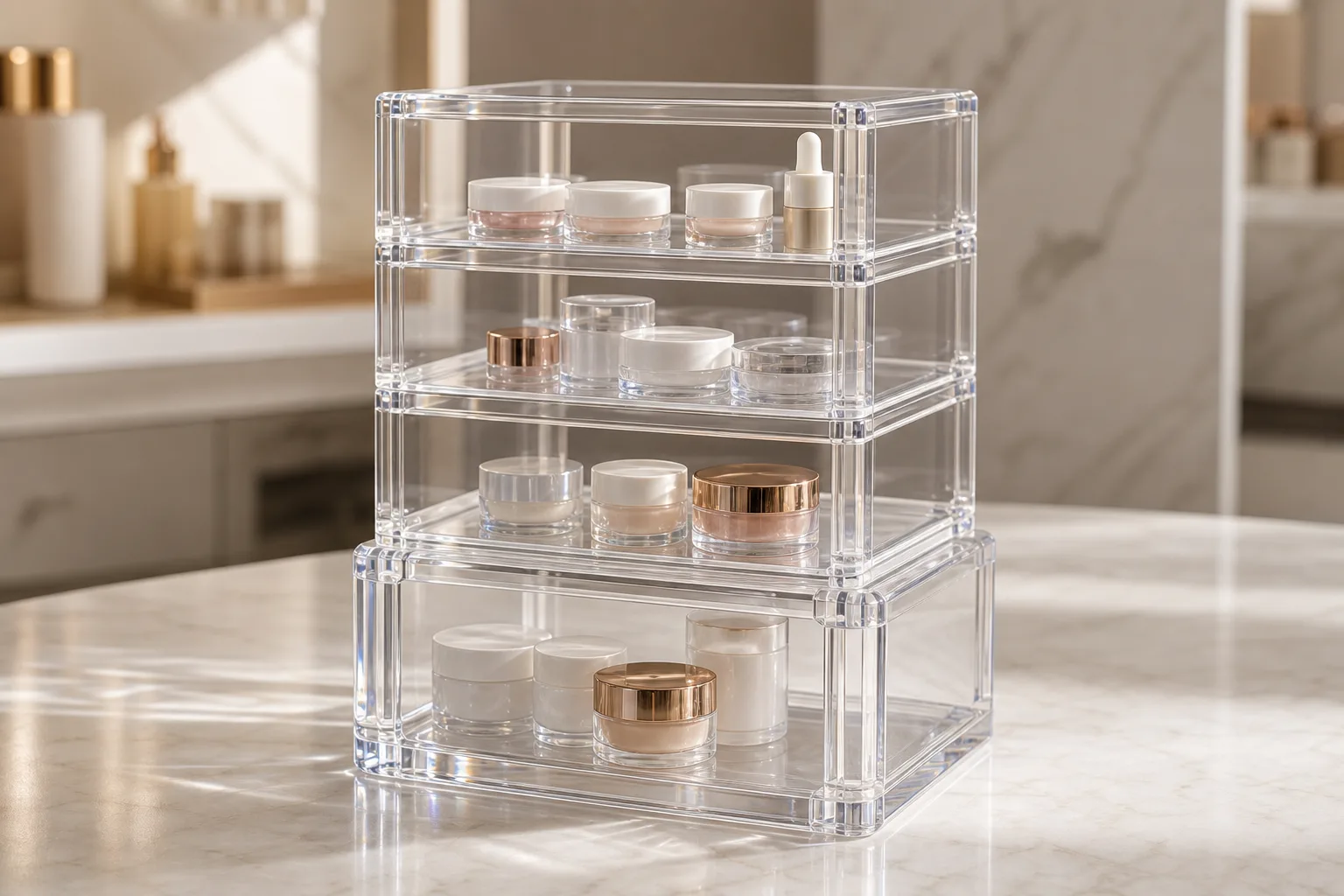 Three clear stackable acrylic boxes interlocked in a tier, with machined stacking lugs on the lid registering into the base recess of the box above