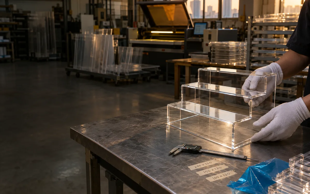 Wetop technician setting a finished clear acrylic display stand on the inspection bench beside a caliper