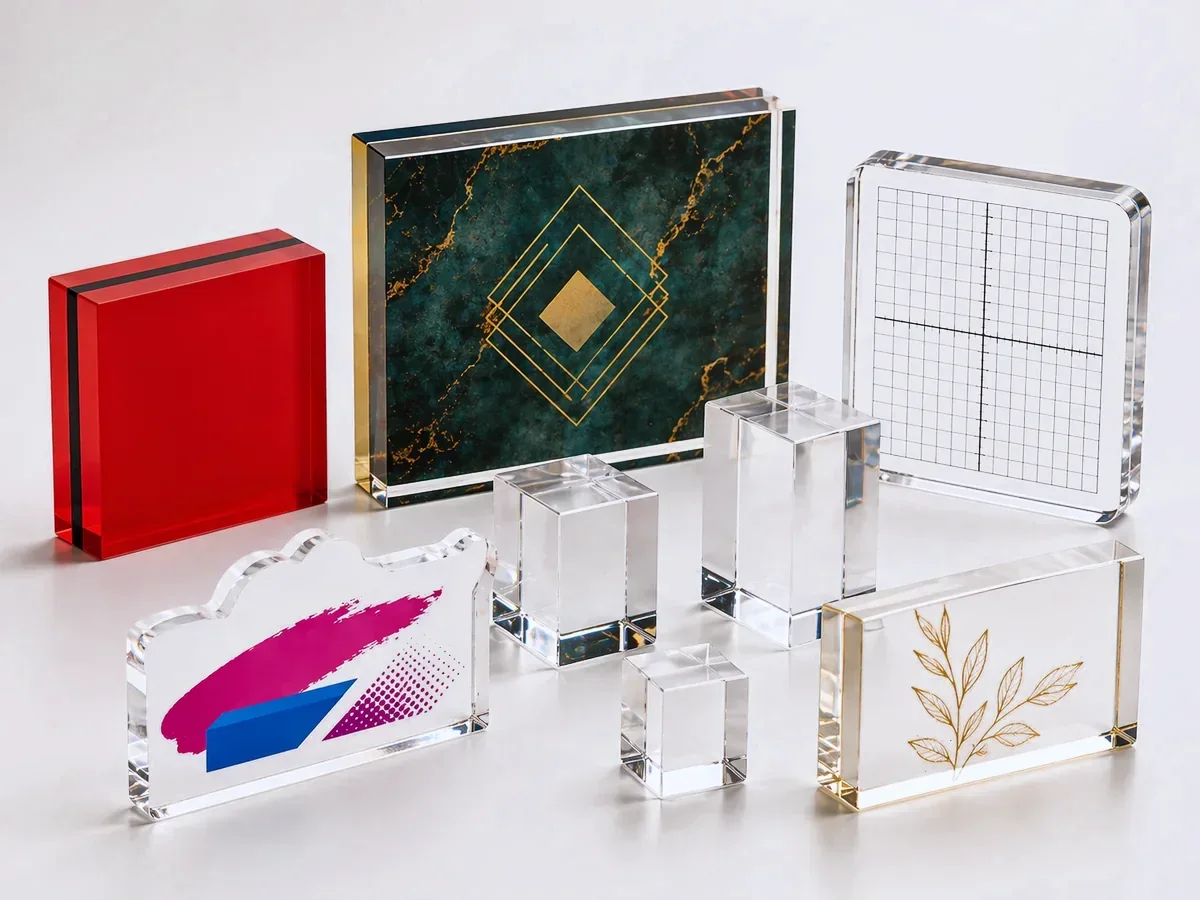 Collection of custom acrylic blocks — stamp blocks, logo blocks, photo blocks, and clear display blocks