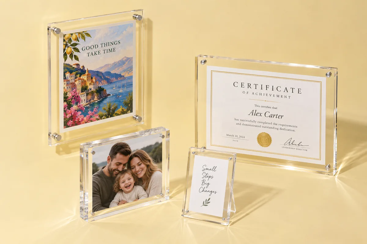Floating, magnetic, tabletop, and wall acrylic picture frames