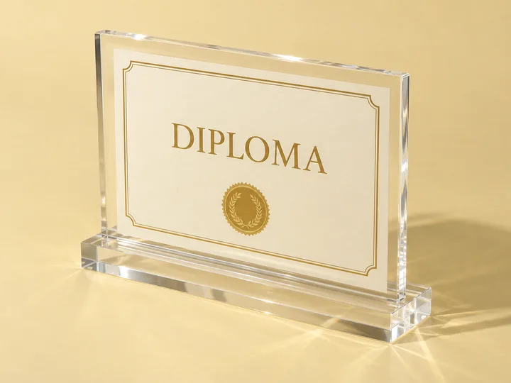 Acrylic certificate frame holding a framed diploma