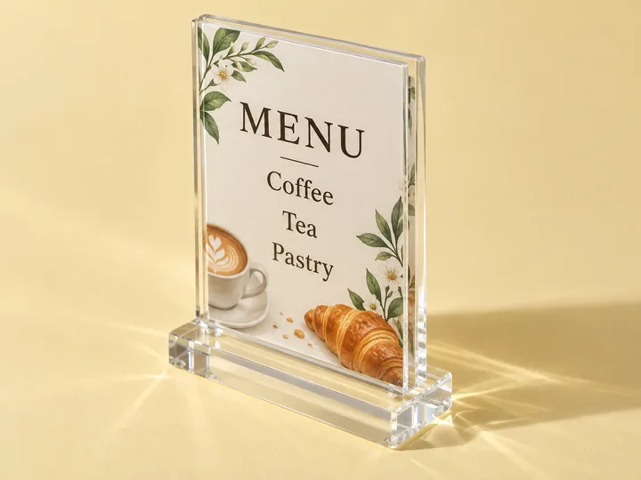 Double-sided acrylic frame standing in a base