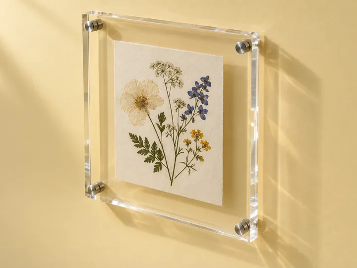 Floating acrylic frame on standoffs with a clear border around a pressed-flower print