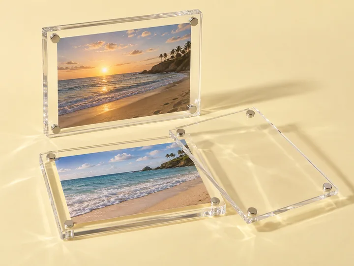 Magnetic acrylic photo frame opened to show the corner magnets in both panels