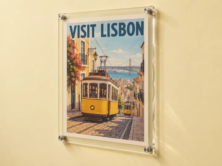 Large acrylic poster frame mounted on the wall with four steel standoffs