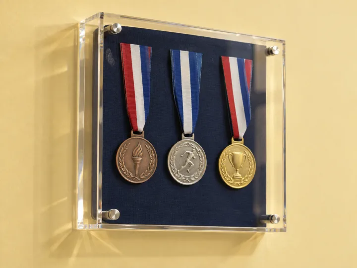 Wall-mounted clear acrylic shadow box frame holding three medals on a navy backing