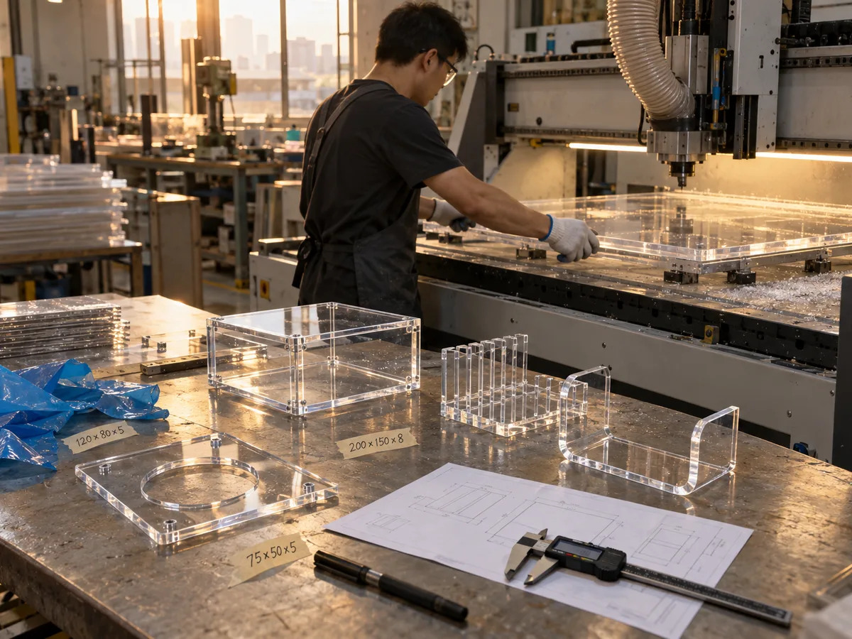 Acrylic fabrication workshop: a technician at a CNC router with cut acrylic parts, a drawing and calipers on the steel table